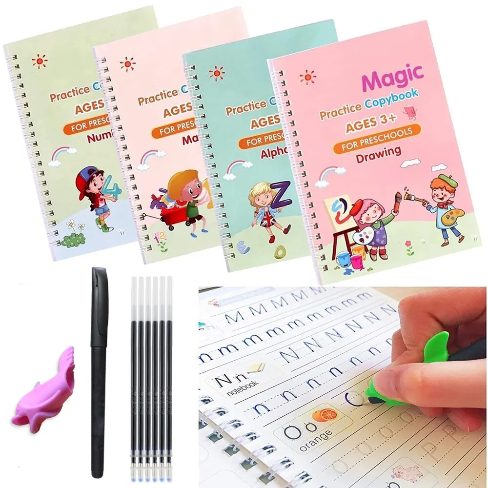 4 Books Pen Magic Copybook Free Wiping Children’s Kids Writing Sticker Practice English Copybook For Calligraphy Montessori Gift