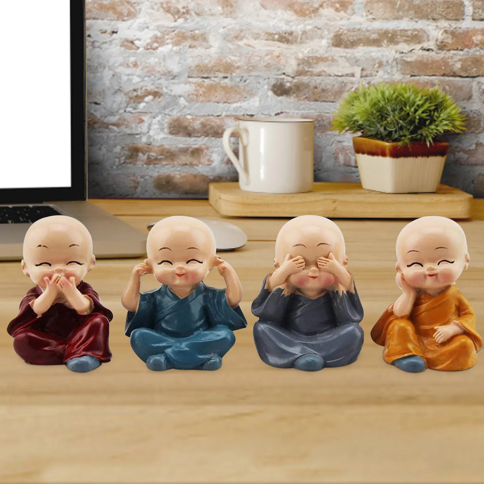 4 Piece Cute Monk Figurines Desktop Ornament Resin Statue Wise Buddha Dolls  for Home Office Car Indoor Outdoor Decor