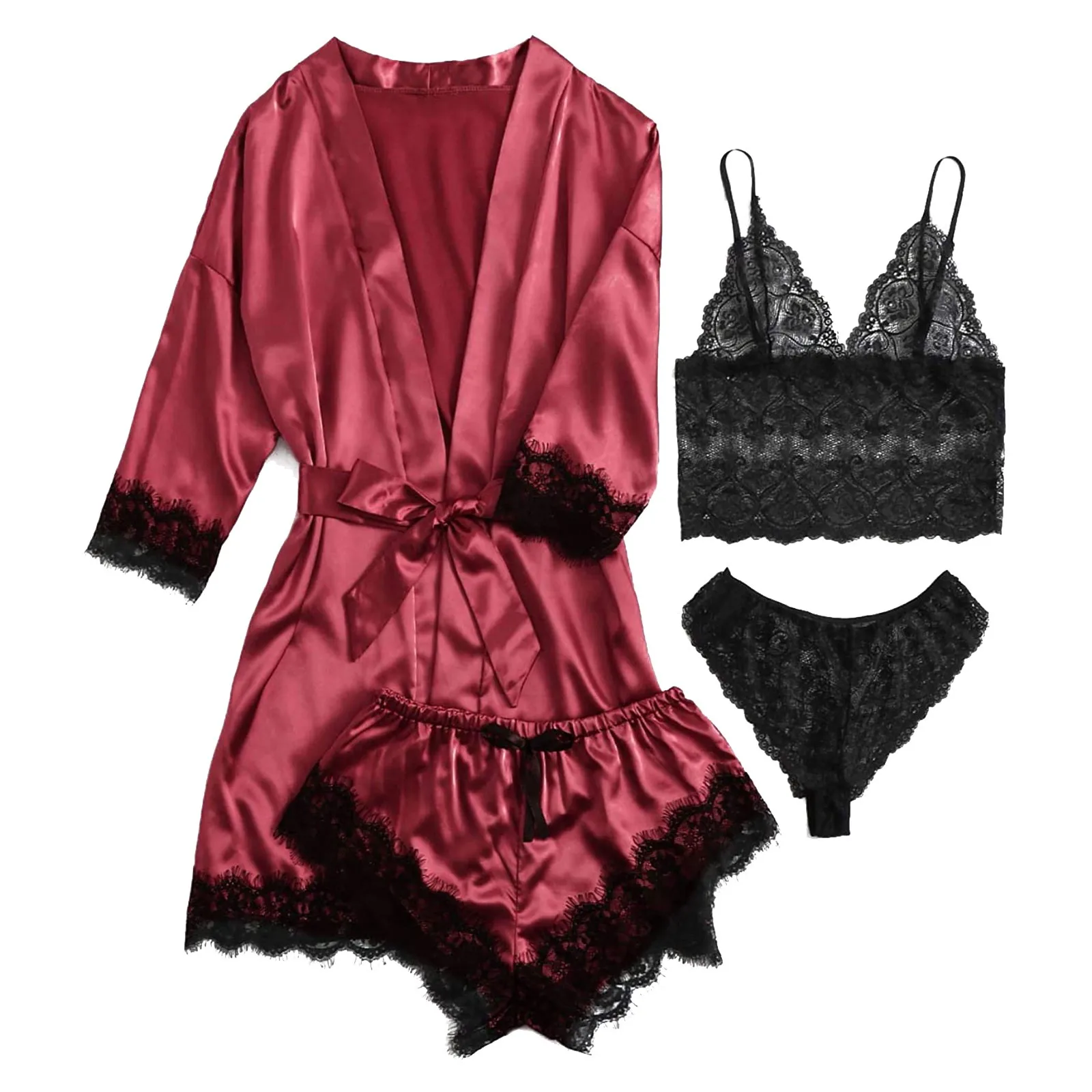 4-Piece Women Sexy Garter Lingerie Set Robes Lace Bodysuit Deep-V Neck Underwear