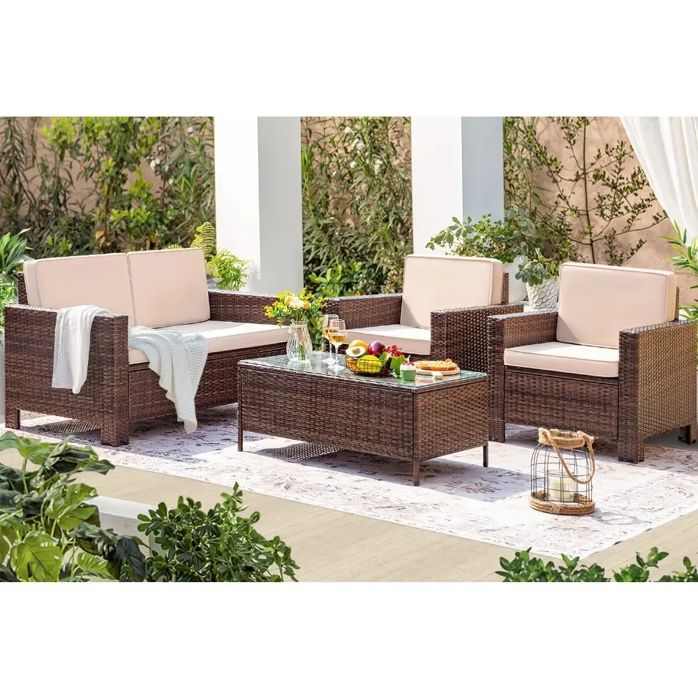 4 Pieces Patio Furniture Sets Rattan Chair Wicker Conversation Sofa Set, Outdoor Indoor Backyard Porch Garden Poolside Use