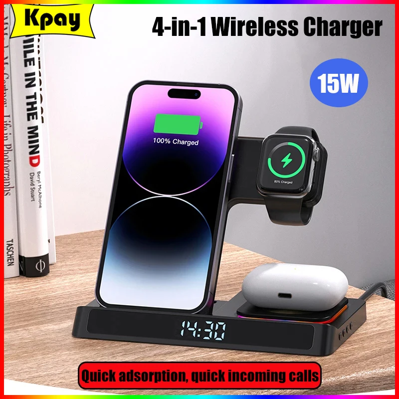 4 in 1 Foldable Wireless Charger Stand For IPhone 14 13 12 11 Samsung Apple Watch Airpods Pro iWatch Fast Charging Dock Station