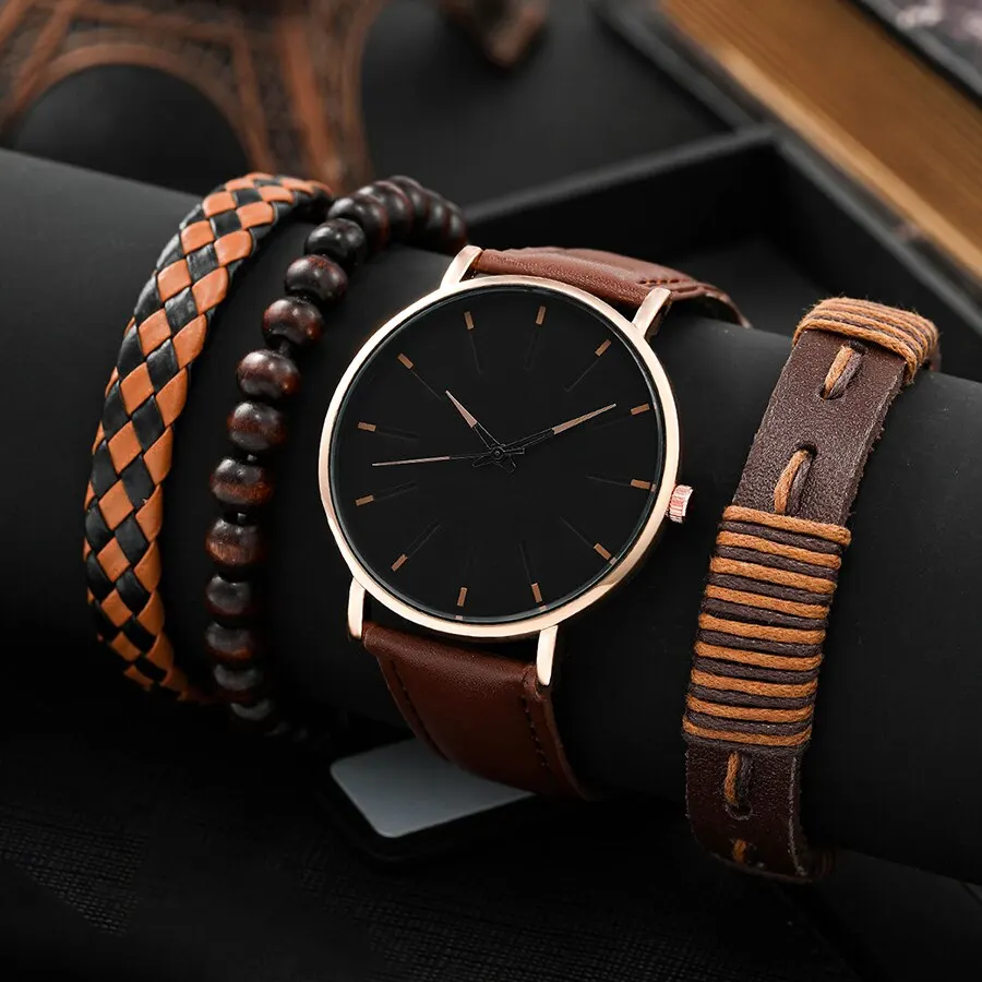 4pcs Men Black Quartz Watches With Bracelets Watch Sets Business Fashion Casual Round Pointer Watch For Daily Sports