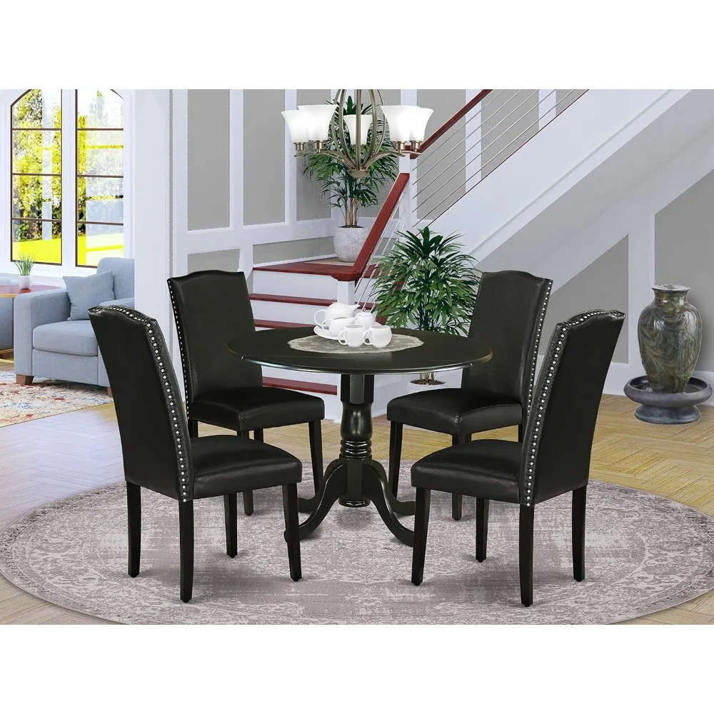 5 Piece Dining Room Furniture Set Includes a Round Dining Table with Dropleaf and 4 Black Faux Leather Upholstered Chairs