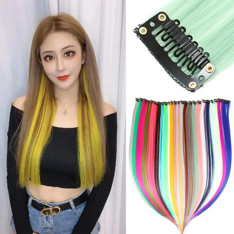 50cm Rainbow Synthetic Hair Extensions With Clips Heat Resistant Wigs For Women Straight Hairpieces Colored Highlight Hair Clip