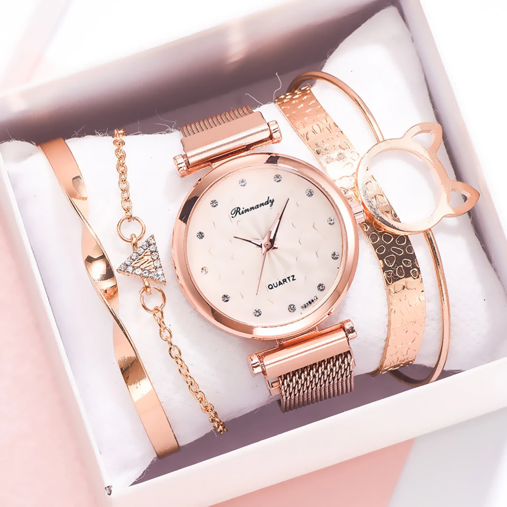 5PCS Bracelet Watches Set Fashion Women Rose Gold Mesh Belt Wristwatches Quartz Watch for Women Business Clock Relogio Feminino