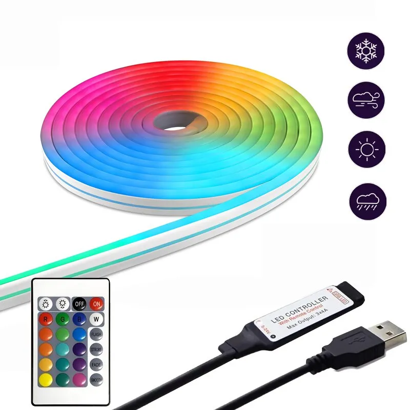 5V LED RGB Strip Light Neon USB Flexible Silicone Lights 1M Remote Control Waterproof SMD 3535 612Leds Tape Decoration for Room