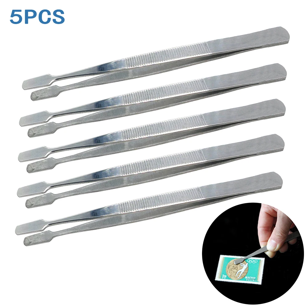 5pcs Stamp Tweezers Stainless Steel Philately Stamps Collector Tools Eyelash Curler Handmade DIY Flat Head Label Paper Tweezers