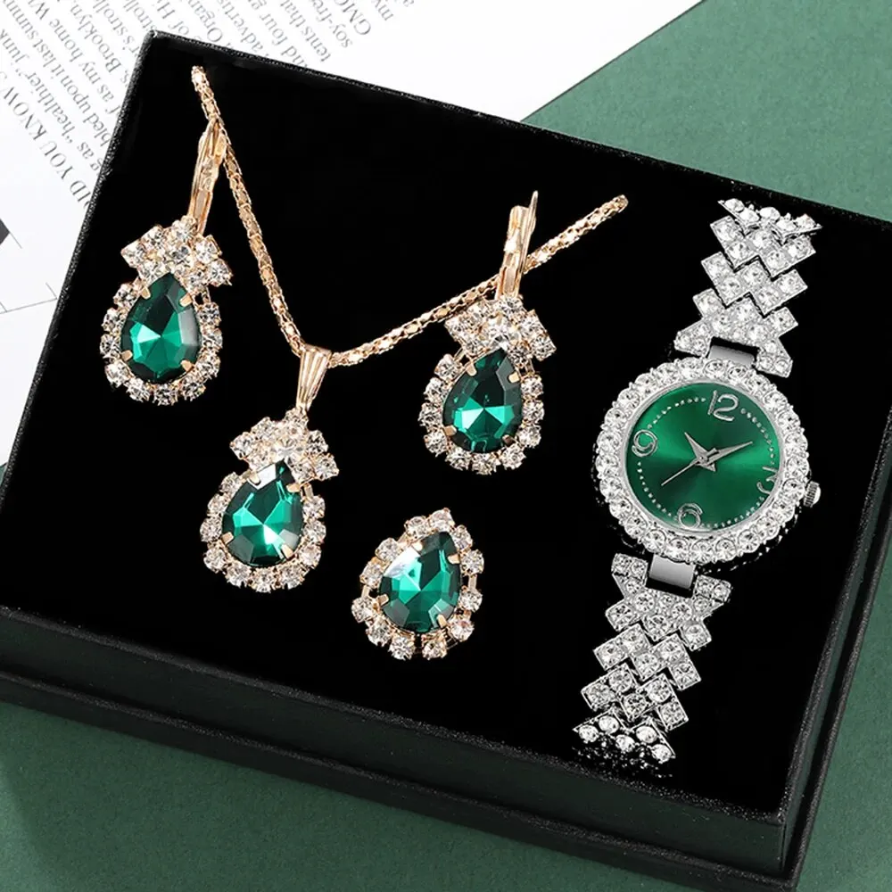 5pcs Women’s Watch Set Luxury Fashion Full Diamond British Watch Fashion Casual Jewelry Set Necklace Earrings Ring Watch Set