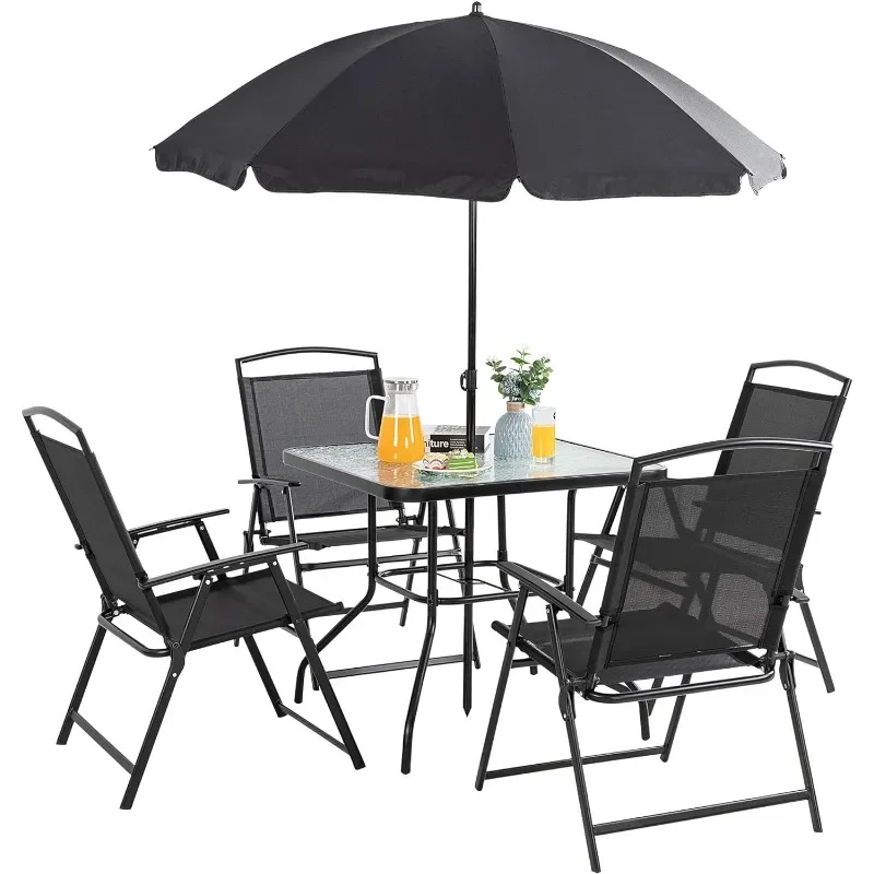 6 Pieces Folding Patio Dining Set, All Weather Metal Outdoor Garden Furniture Set w/Umbrella, Glass Table & 4 Folding Chairs