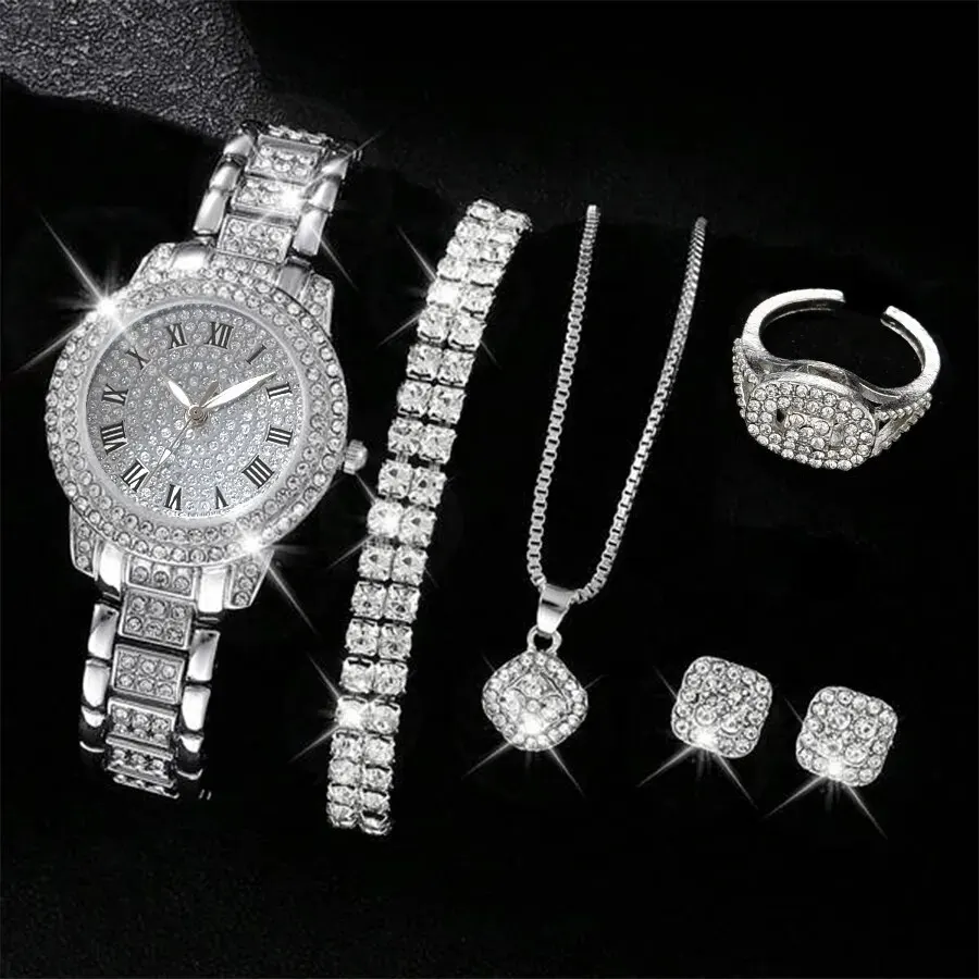 6PCS Women Watch Luxury Elegant Alloy Watch Crystal Wristwatch For Ladies Gift Quartz Watch Alloy Rhinestone Bracelet Montre