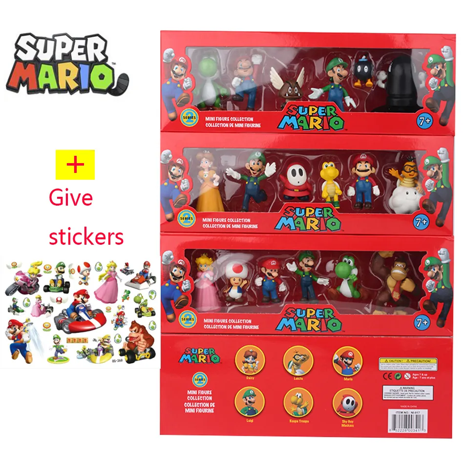 6Pcs/Set 4-7cm Super Mario Bros PVC Action Figure Toys Dolls Model Set Luigi Yoshi Donkey Kong Mushroom for kids birthday gifts