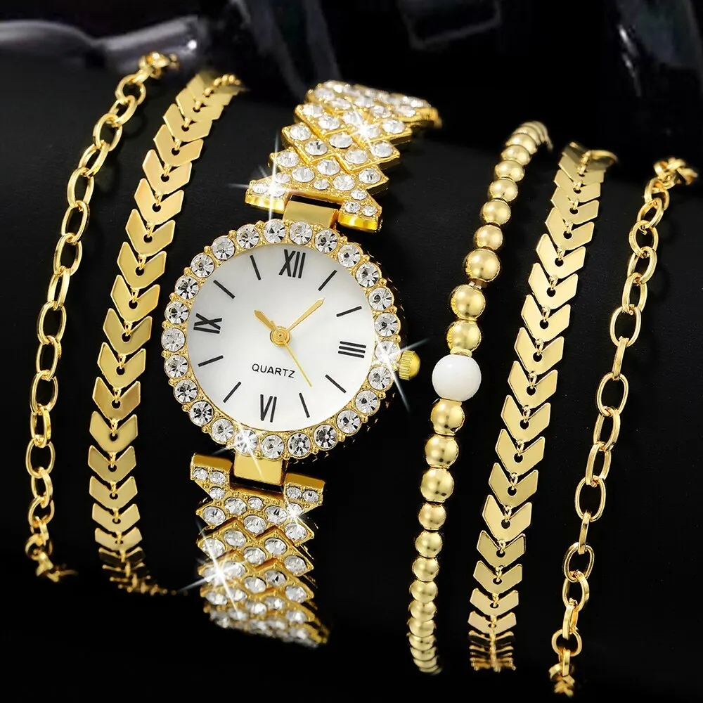 6pcs Dainty Rhinestone Quartz Watch With Jewelry Set Fashion Round Women Watch Multilayer Gold Bracelet Set