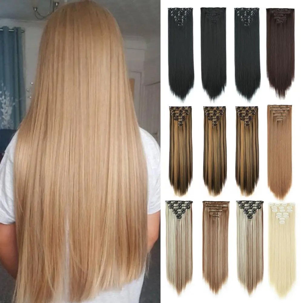 7Pcs tWomen Long Straight Hair Wig  Soft Long Seamless Hair Extensions Anti-slip Synthetic Full Head Clip Artificial Hair Pieces