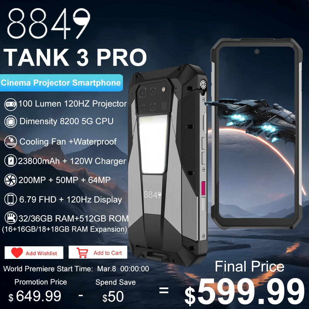 8849 Tank 3 Pro by Unihertz Rugged Smartphone 5G with 100 Lumens Projector 32/36GB 512GB 23800mAh Waterproof 200MP Cell Phones