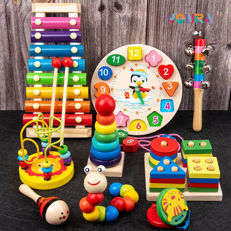 9 in 1 Wooden Montessori Toys Rattle Bell Drum Column Set Musical Instruments Sensory Early Baby Toy Toddler Education