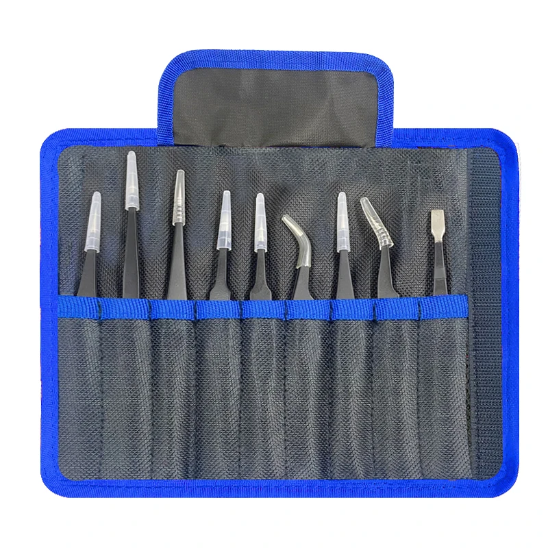 9pcs/set Anti-static ESD Stainless Steel Tweezers Maintenance Tools Industrial Precision Curved Straight Tweezers Repair Tools