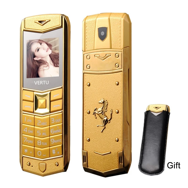 A8 1600mAh Battery Vibration Luxury Metal Body Car Logo Dual Sim Cards Mobile Cell Phone With Leather Case Gift