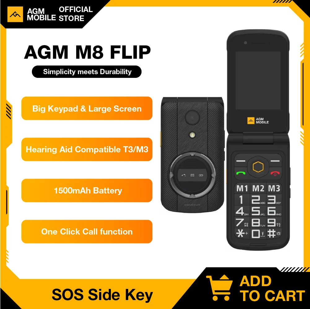 AGM M8 Flip Mobile Phone Unlocked Elderly Feature Phone SOS Quick Call English Russian Keyboard Rugged Cellphone