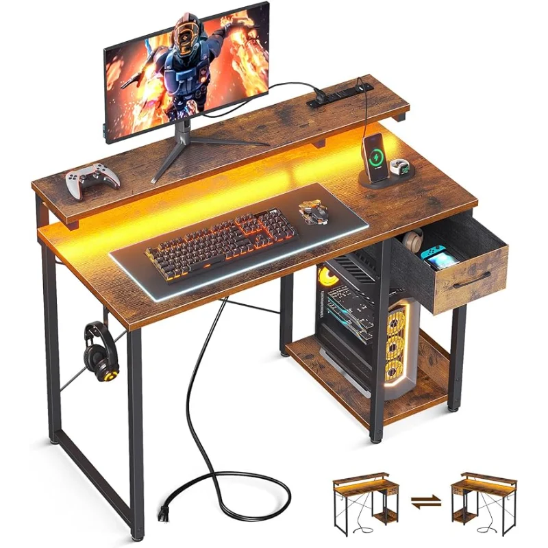 AODK Gaming Computer Desk with Power Outlet & LED Light Strip, 40 Inch Home Office Desk with Adjustable Monitor Stand, Writing