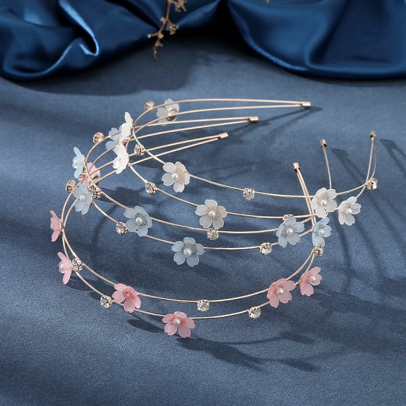 AWAYTR Double Layer Metal Hairband Flower Pearl Headband for Women Headwear Shiny Rhinestone Hair Band Hoop Hair Accessories