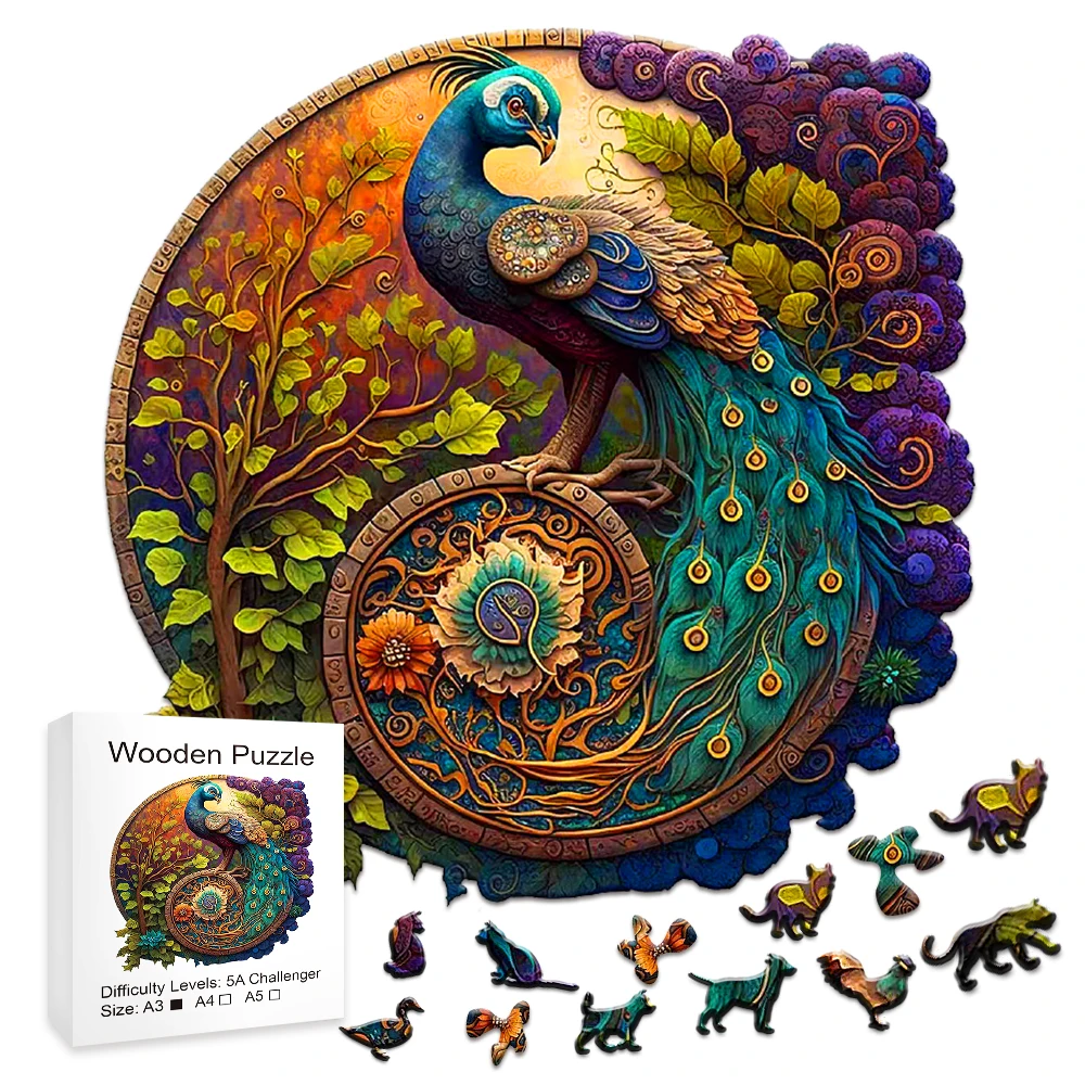 Adult Animal Wooden Puzzle Round Peacock and Bird Wooden Puzzle Children’s Puzzle Toy Festival Gift A3 A4 A5 Multi Size Puzzle