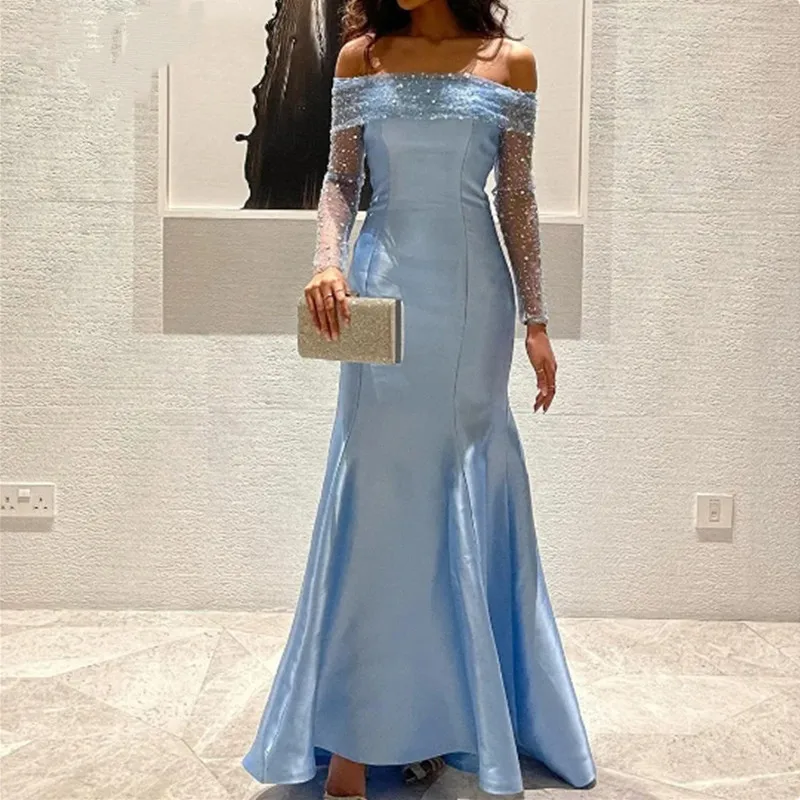 Aleeshuo Sky Blue Tulle Prom Gowns Elegant Mermaid Off Shoulder Strapless Lace Long Formal Occasion Evening Party Dress 2024