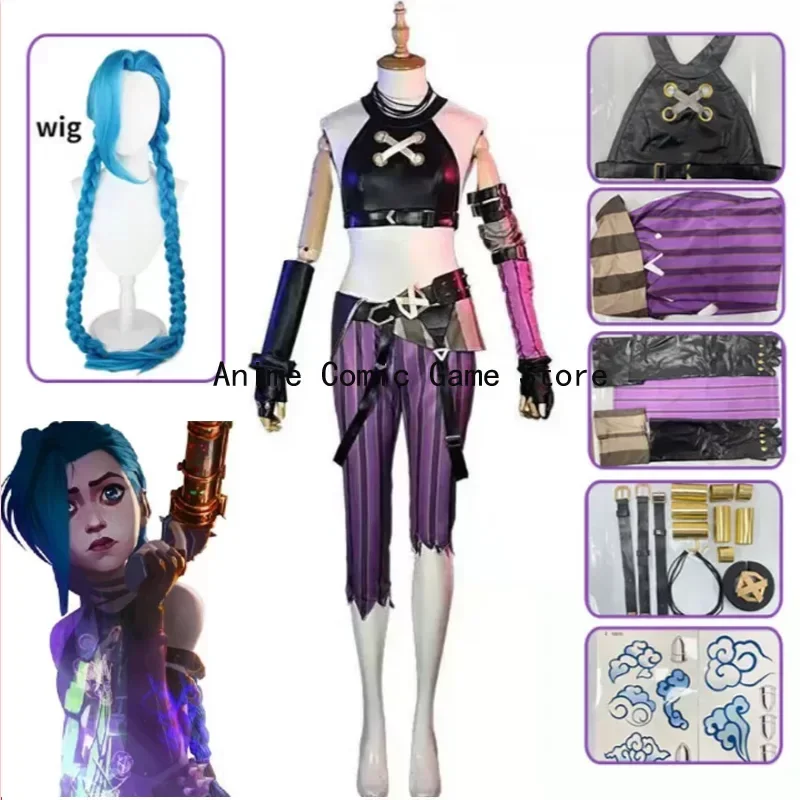 Anime Game LOL Arcane Cosplay Costume Crit Loli Jinx Cosplay Loose Cannon Cosplay Outfit Shoes Wig Sexy Women Carnival Costume