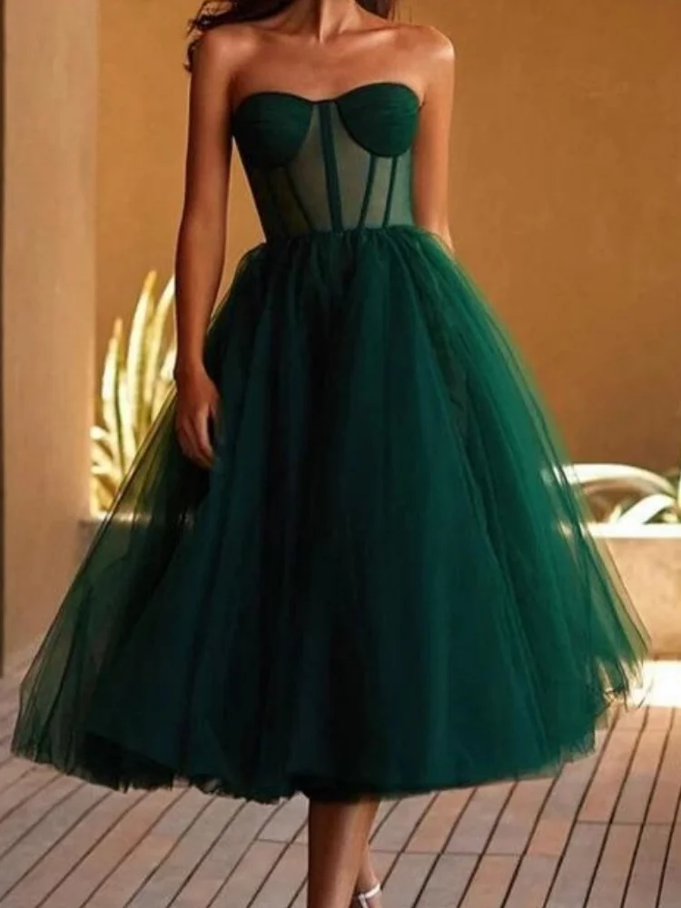 Ashely Alsa Elegant Emerald Green Prom Dresses Strapless Tea Length Party Special Occasion Dress Cocktail Party Gown Clubwear