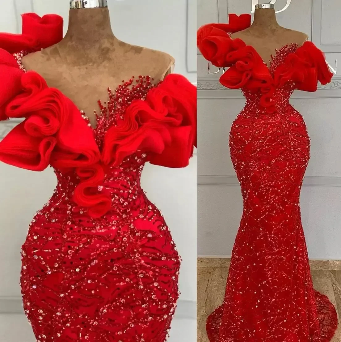 Aso Ebi Mermaid Prom Dresses Ruffles Off Shoulder Sparkly Sequins Red Formal Evening Gowns African Pageant Special Occasion Wear