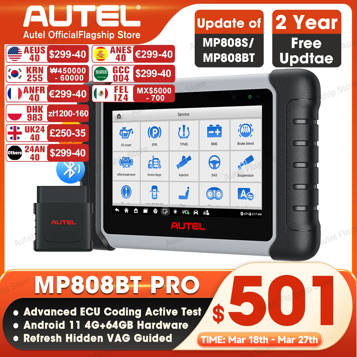 Autel MaxiPRO MP808BT PRO Android 11 OBD2 Scanner Car Diagnostic Tool Advanced ECU Coding, Active Test PK DS808 MP808S MP808BT