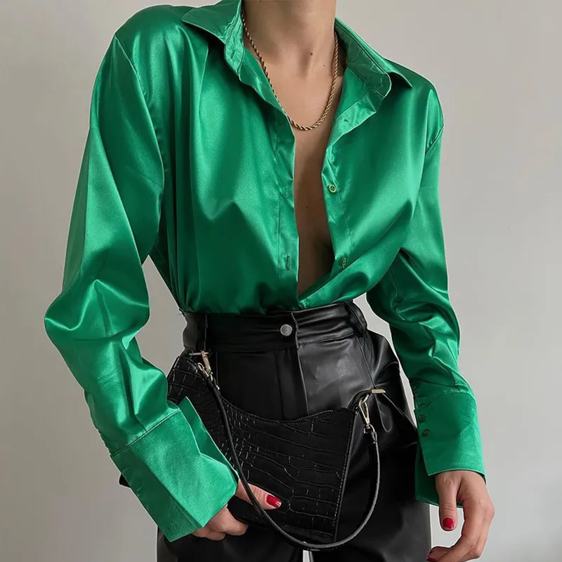 Autumn Shirt Women’s Polo Collar Office Lady blouse Vintage Blue Green Shirt Loose Button Up Down Shirts Black Fashion Tops