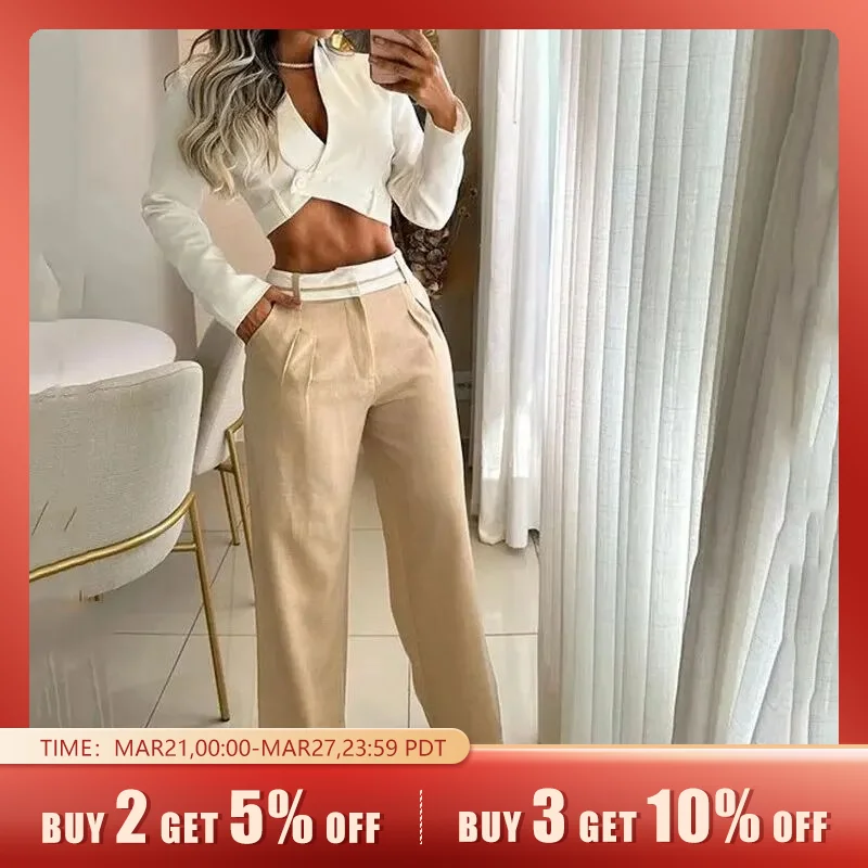 Autumn Women Two Piece Set Office Fashion Solid Long Sleeve Lapel High Waist Short Top Loose With Pockets Pants Sets Streetwear