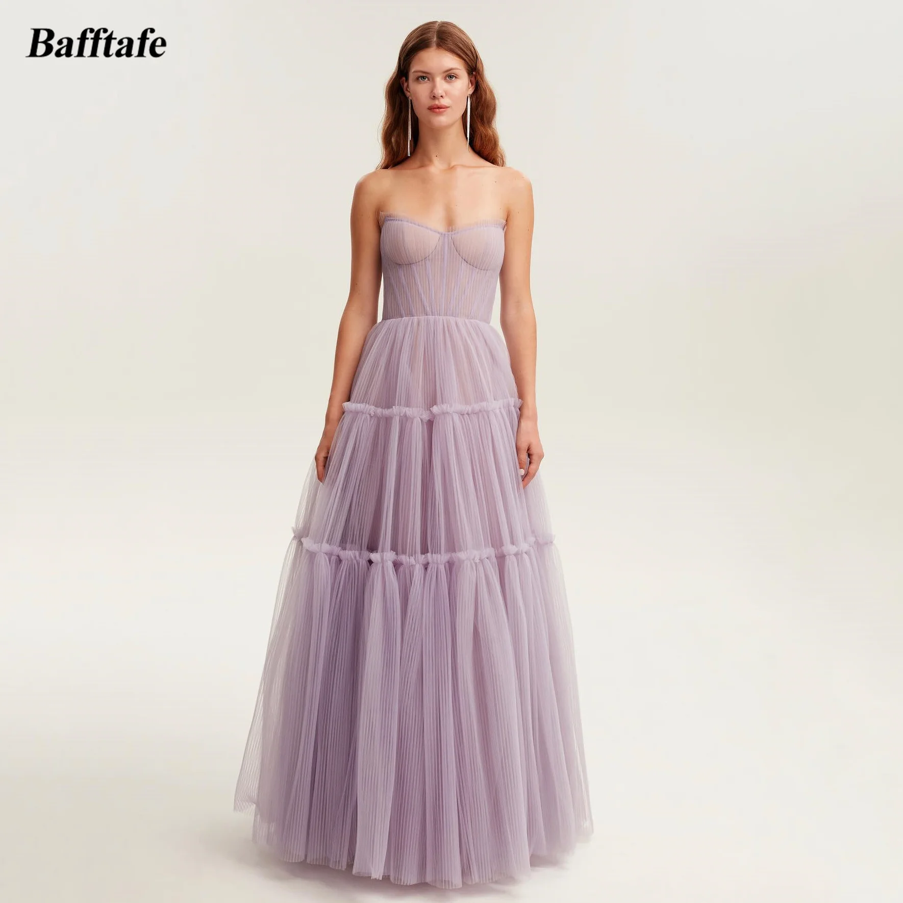 Bafftafe A Line Crumpled Tulle Formal Prom Dresses Women Pleated Bones Floor Length Evening Party Dress Special Occasion Gowns