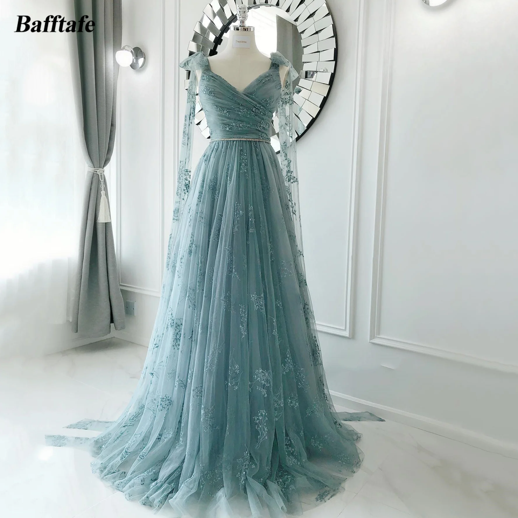 Bafftafe A Line Soft Lace Long Women Prom Dresses Formal Party Dress Pleats Straps Special Occasion Wedding Photos Evening Gowns