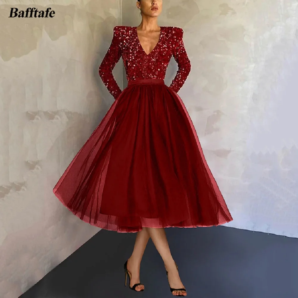 Bafftafe Dark Red Sequines Tulle Prom Dresses Long Sleeves Deep V-Neck Midi Women Formal Party Gowns Special Occasion Dress