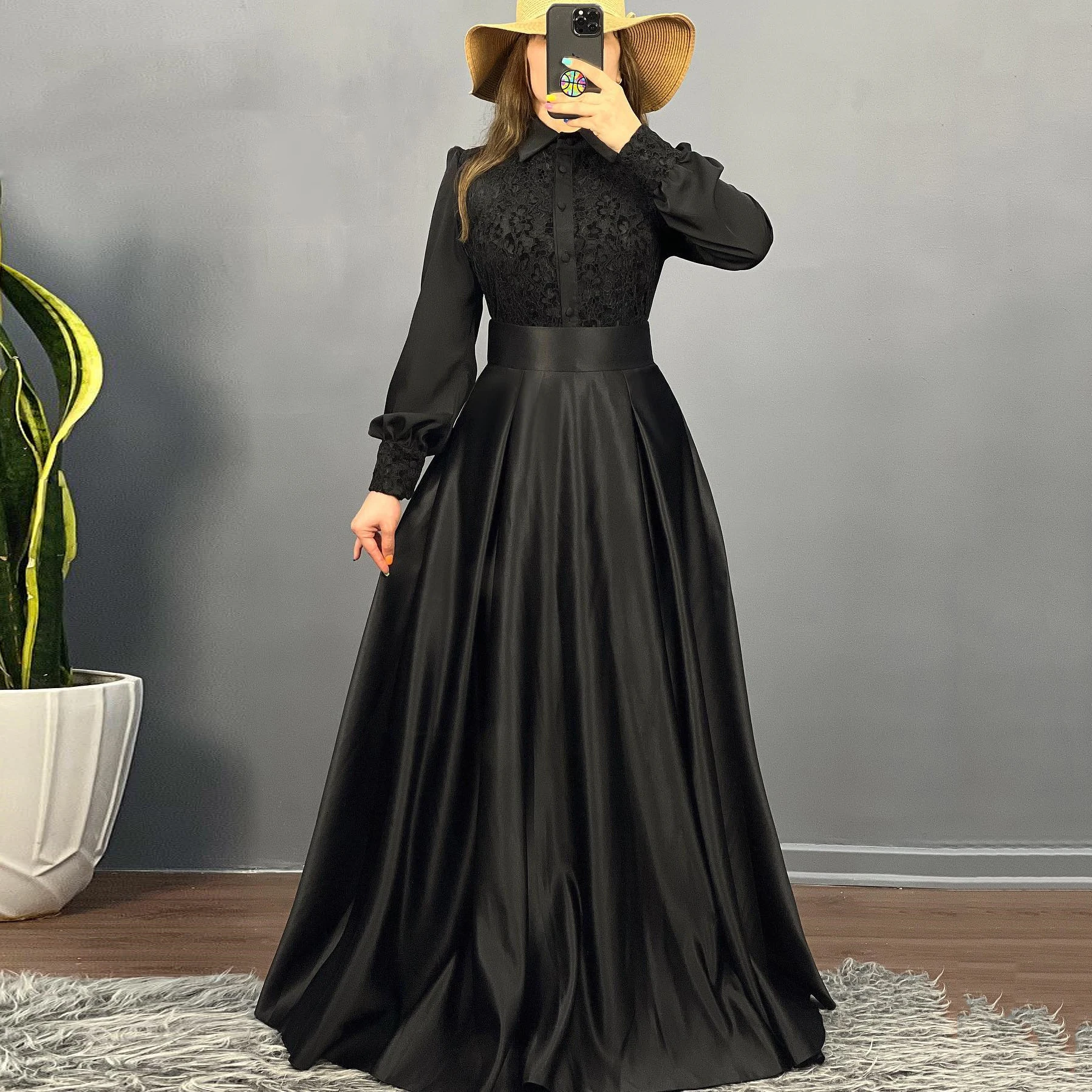 Bafftafe Modest Black Satin Prom Dresses Long Sleeves Lace Top Buttons Special Occasion Party Dress Women Evening Gowns Vestidos