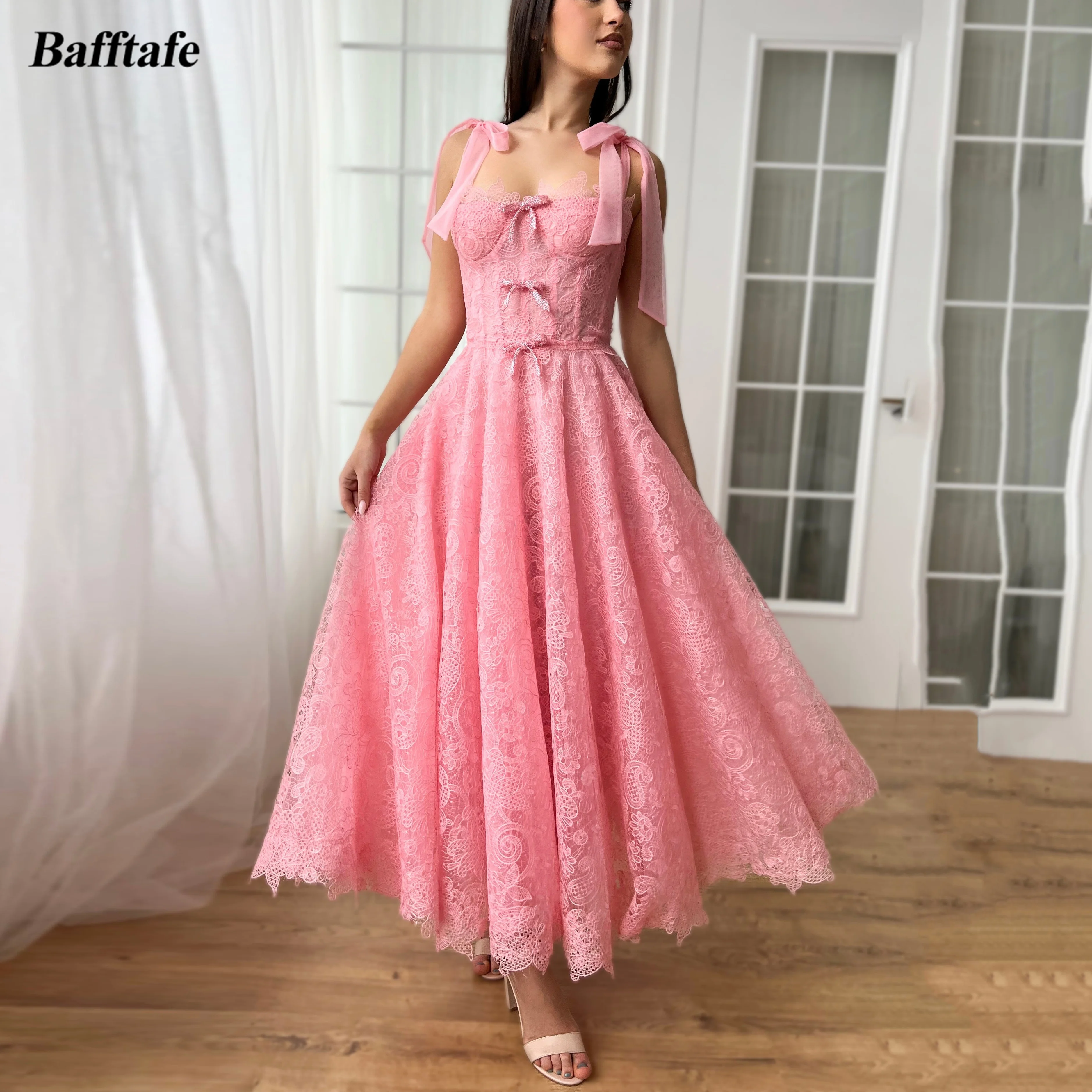 Bafftafe Pink Full Lace Midi Women Prom Dresses Tiered Straps Ankle Length Lace Up Special Occasion Formal Party Evening Gowns