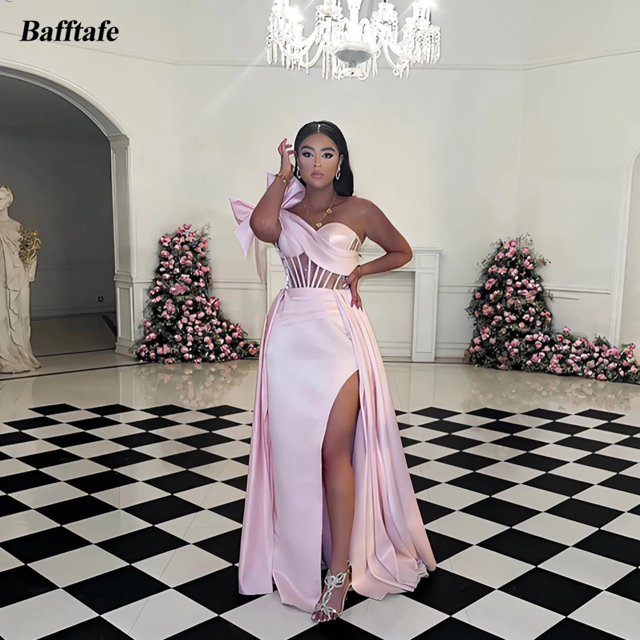 Bafftafe Pink Satin Bow Women Prom Dresses Arabic Leg Slit Formal Occasion Evening Dress Transparent Top special Party Gowns