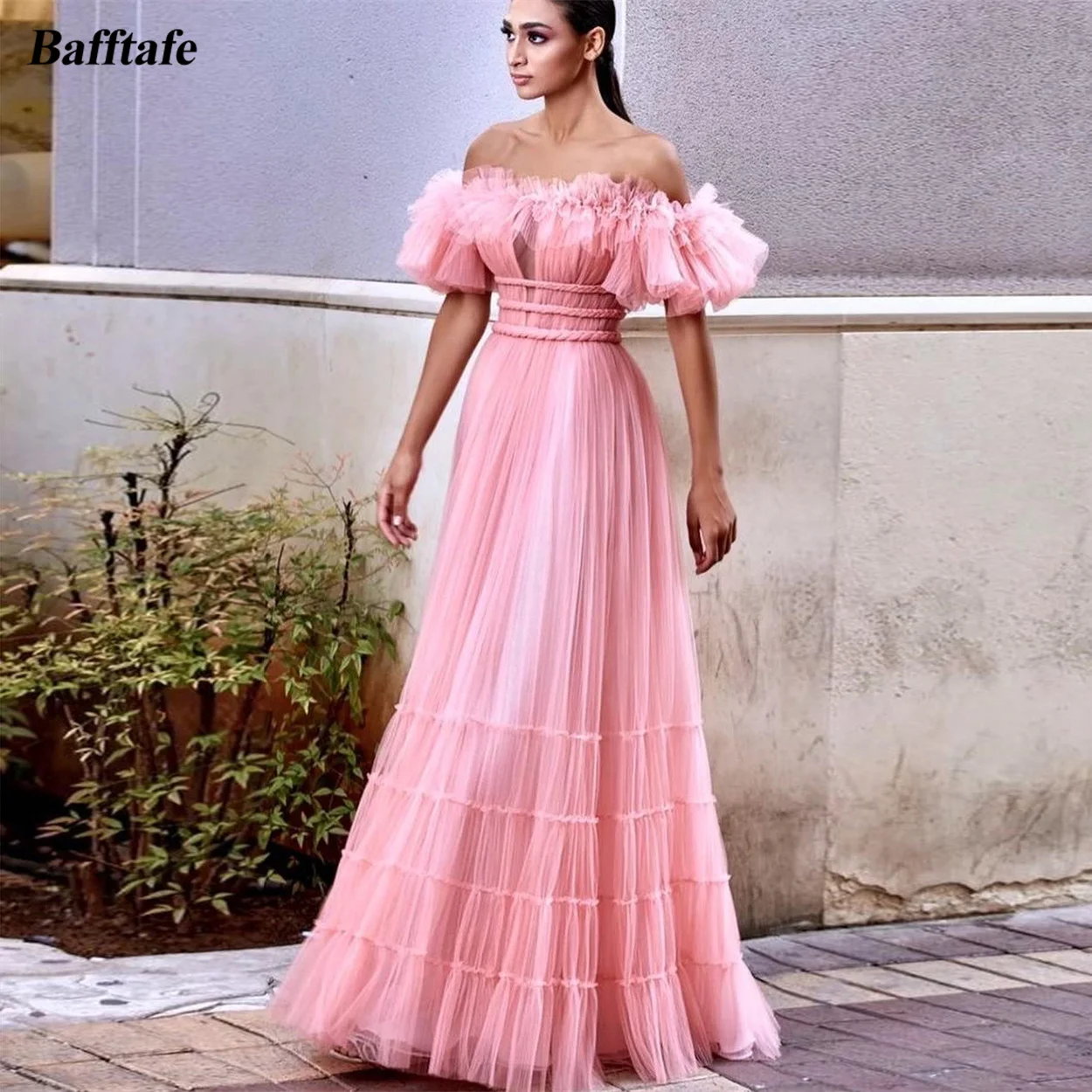 Bafftafe Pink Tulle A Line Ruffles Prom Party Gowns Pleated Long Formal Celebrity Dresses Women Special Occasion Evening Gowns