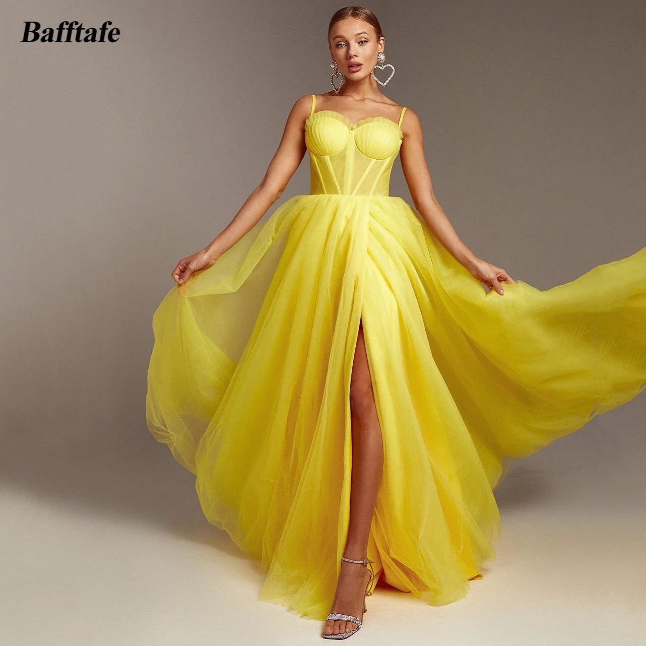 Bafftafe Yellow Tulle A Line Prom Dresses Leg Slit Transpant Top Evening Special Occasion Gowns Women Formal Party Dress 2024