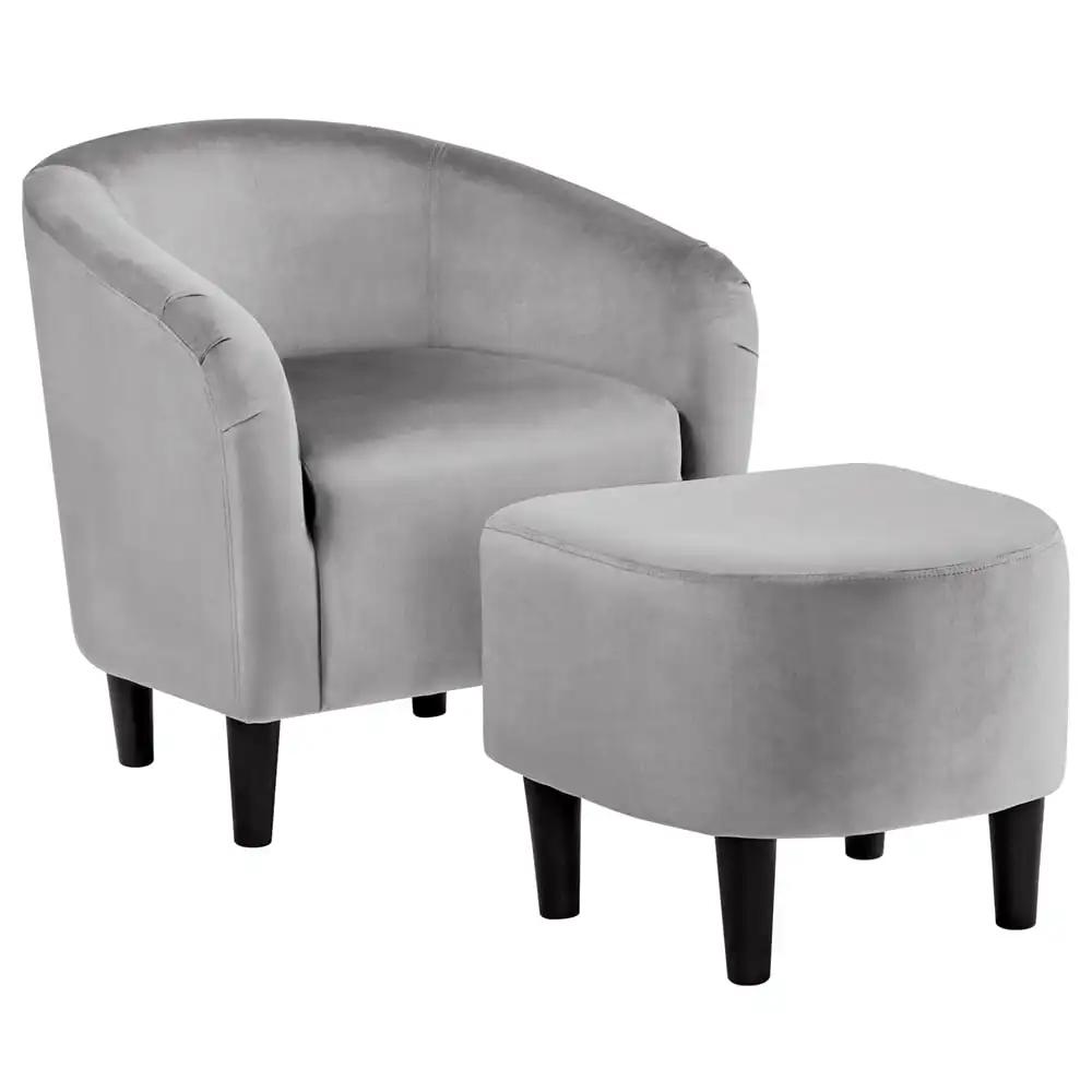 Barrel Accent Chair with Ottoman, Gray Velvet lounge chair  sofa set living room furniture