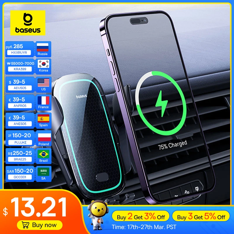 Baseus Car Wireless Charger Car Phone Holder Auto for iPhone 15 Samsung Xiaomi Phone Holder Car Holder 15W Air Vent Mount Holder