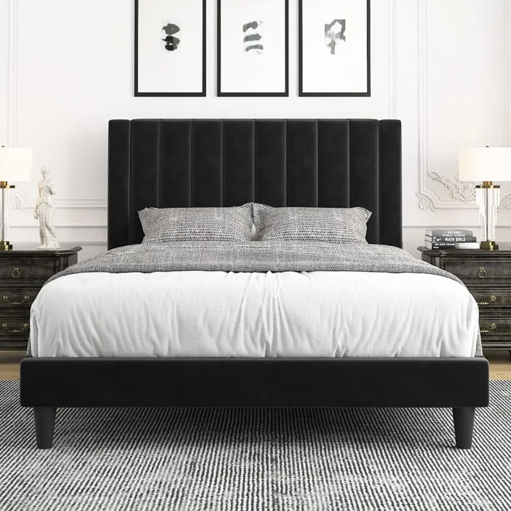 Bedroom furniture velvet upholstered bed body, platform bed body, mattress base, box spring elective, easy to assemble, black