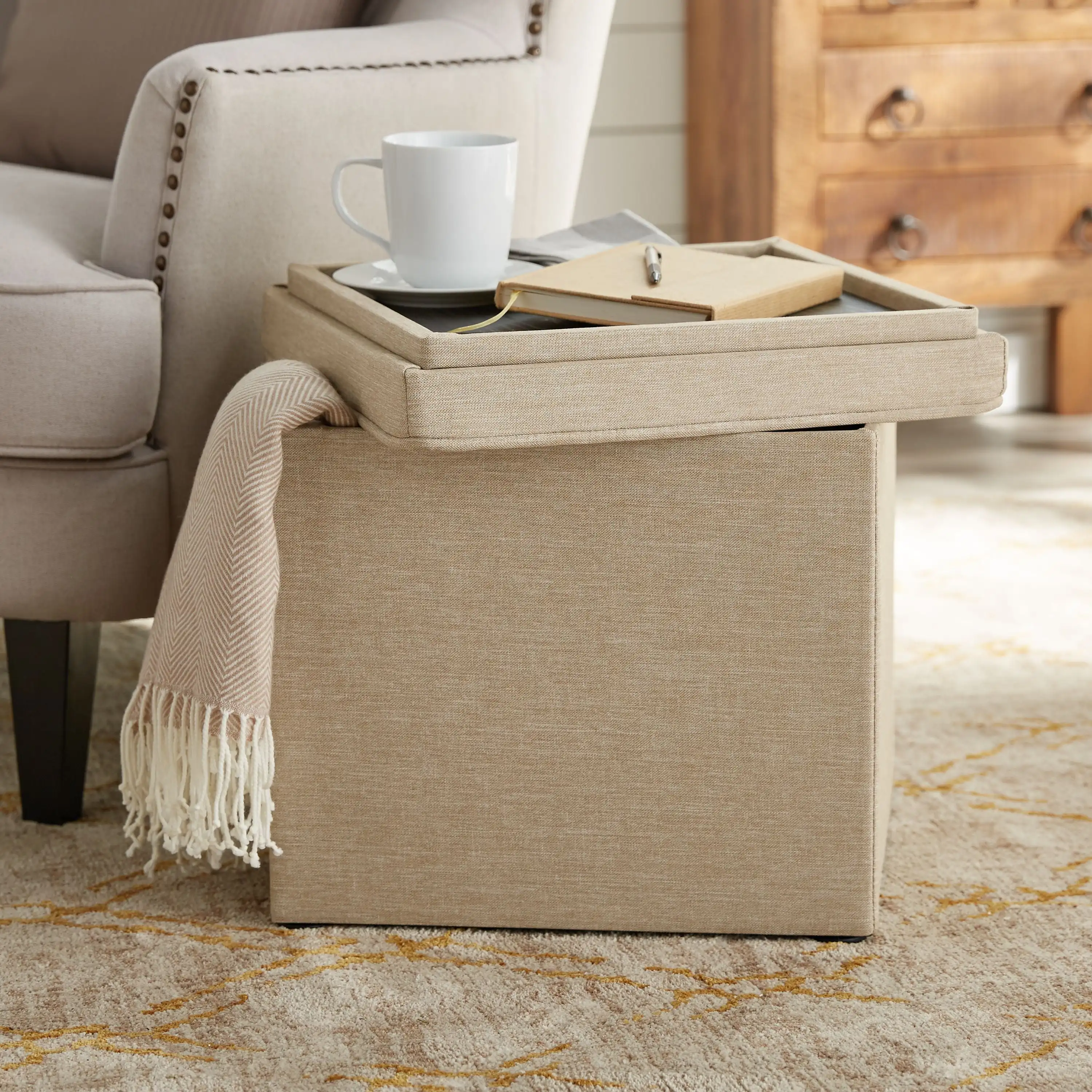 Better Homes & Gardens Addison Storage Ottoman with Tray 16 Inch Tan Wood grain texture pallet polyester linen