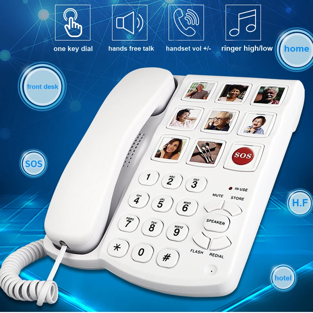 Big Button Phone, Corded Telephone with Speaker for Seniors, Amplified One Button Touch Picture Landline Phone for Old People