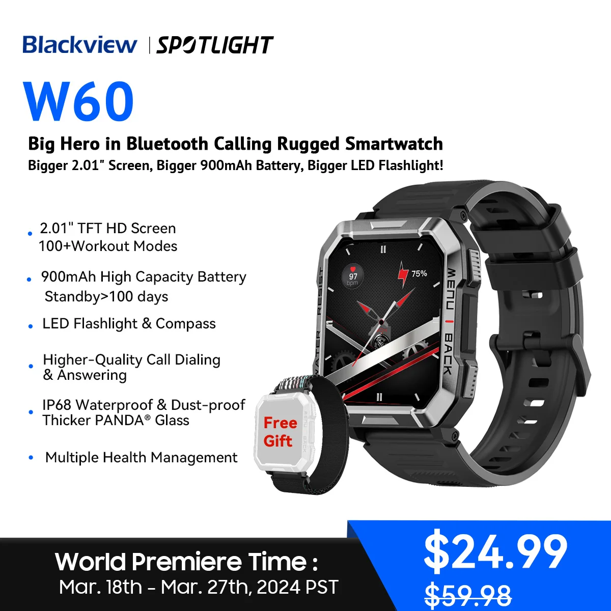 Blackview W60 2024 New Smartwatch 2.01” HD Display TFT Rugged Smart Watch for Outdoor With Emergency Lighting Bluetooth Calling