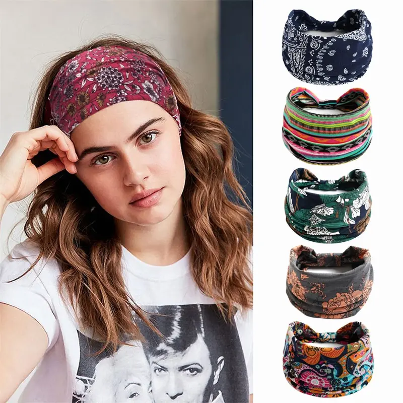 Bohemian Style Elastic Hair Bands Yoga Headband Women Headwear Print Vintage Cross Unisex Scrunchies Hair Accessories