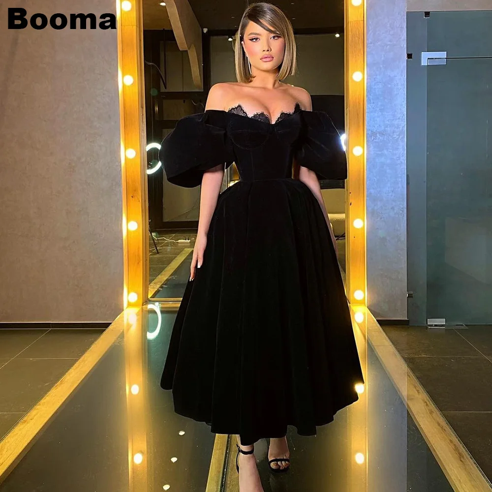 Booma Black Velvet Long Prom Dresses Off Shoulder Lace Party Evening Dress for Women Ankle Length Formal Occasion Dresses gala