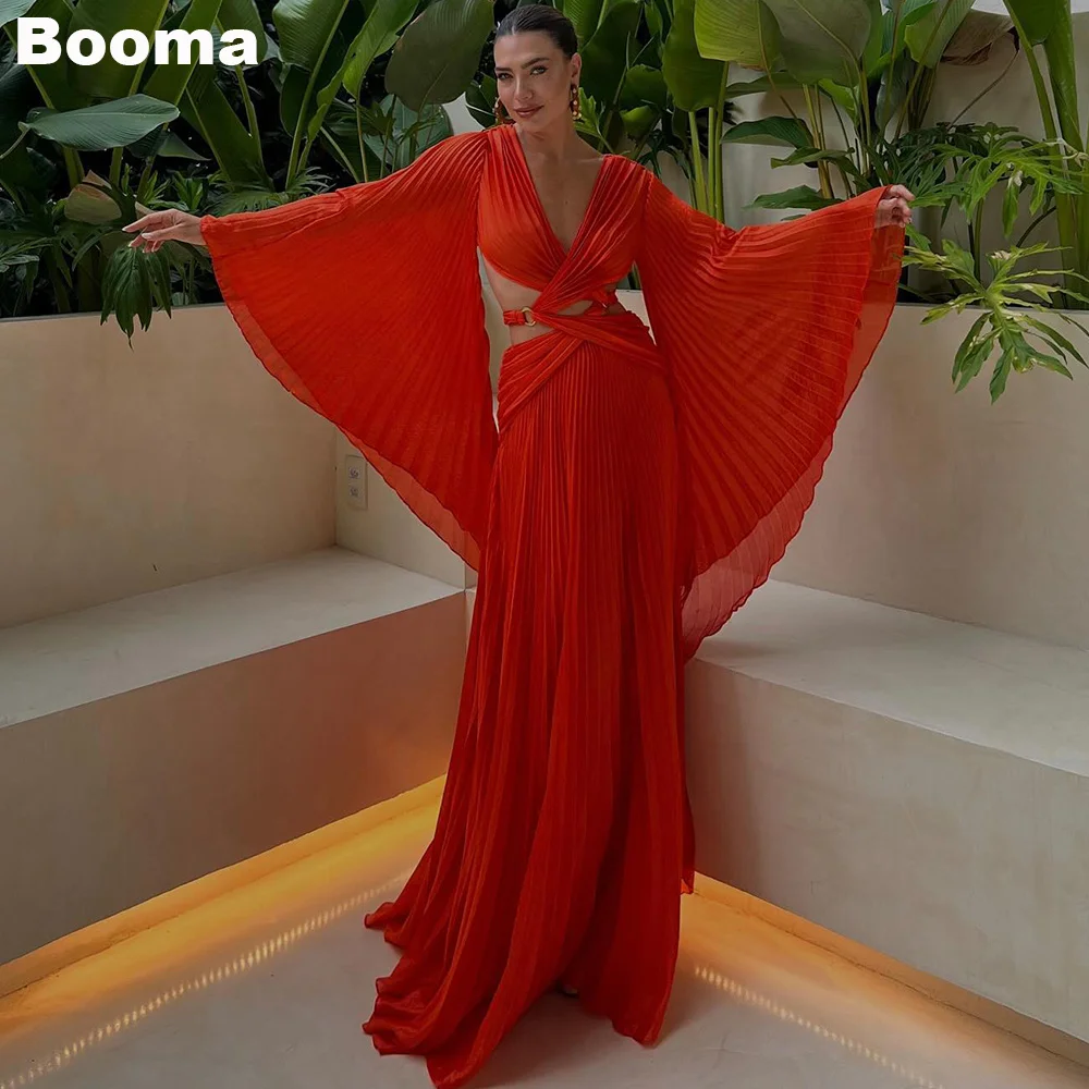 Booma Dark Orange A-line Evening Dresses V Neck Pleat Special Occasion Dresses for Women Sexy Long Party Prom Gowns