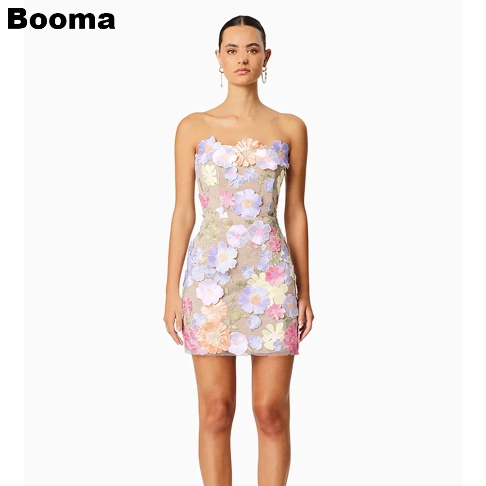 Booma Mini Prom Dresses Strapless 3D Flowers Short Homecoming Party Gowns Women’s Mermaid Cocktail Dress Special Occasion Gown